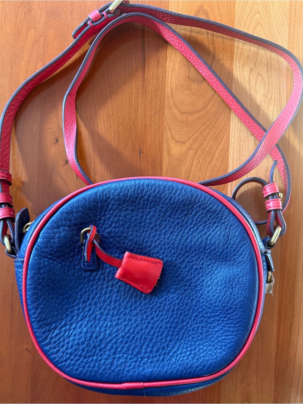 J CREW Round Navy Blue and Red Leather adjustable Crossbody Bag mini lock NWOT